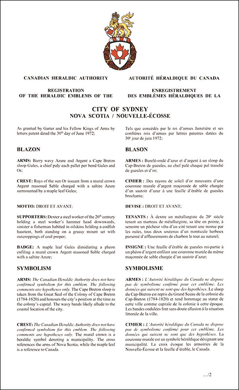 Letters patent registering the heraldic emblems of the City of Sydney