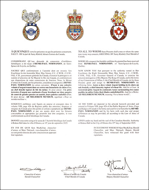 Letters patent granting heraldic emblems to Henri-Paul Normandin