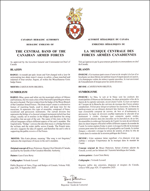 Lettres patentes approuvant l’insigne de La Musique centrale des Forces armées canadiennes