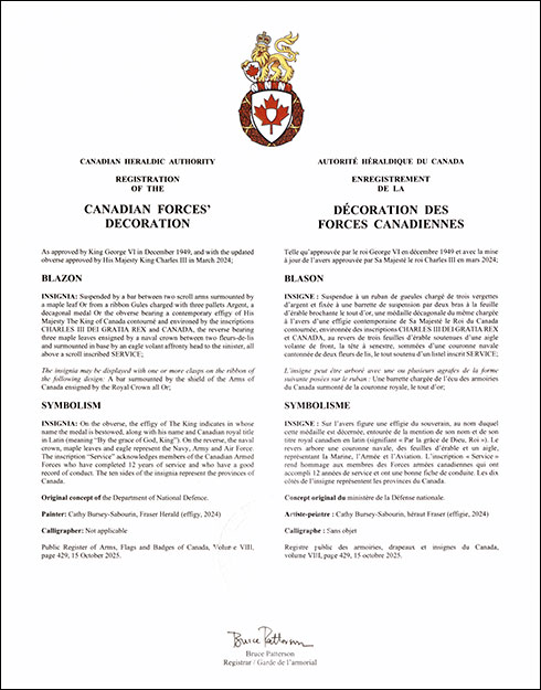 Letters patent registering the heraldic emblems of the Canadian Forces’ Decoration