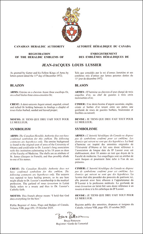 Lettres patentes enregistrant les emblèmes héraldiques de Jean-Jacques Louis Lussier