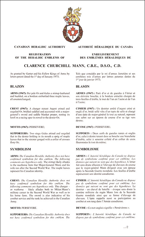 Letters patent registering the heraldic emblems of Clarence Churchill Mann