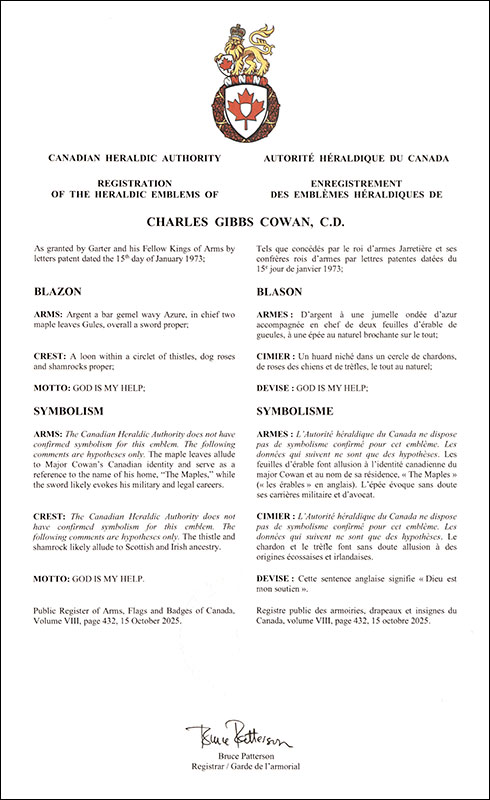 Letters patent registering the heraldic emblems of Charles Gibbs Cowan