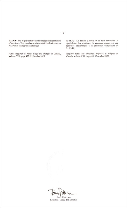 Letters patent registering the heraldic emblems of John Creswell Parkin