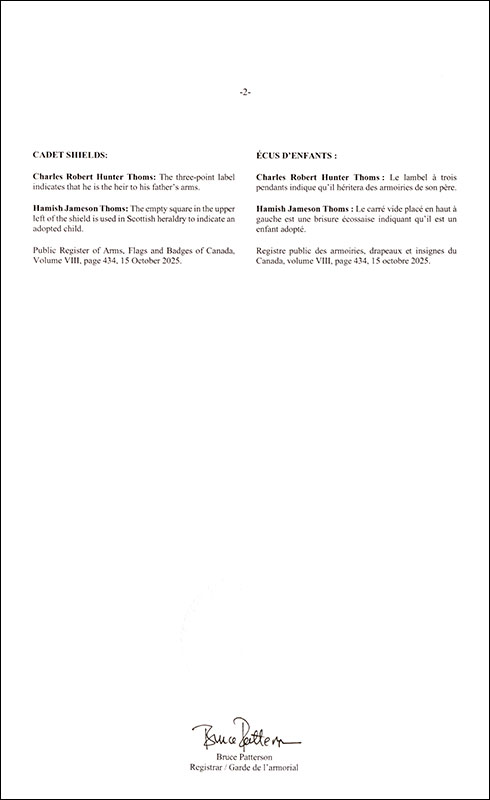 Letters patent registering the heraldic emblems of Bernard Hunter Jameson Thoms