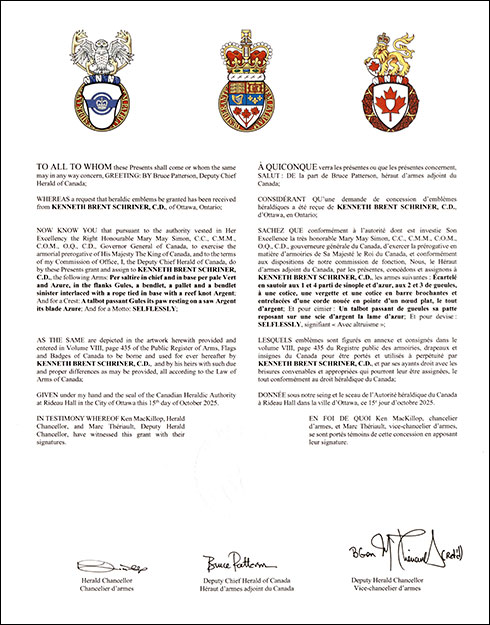 Letters patent granting heraldic emblems to Kenneth Brent Schriner