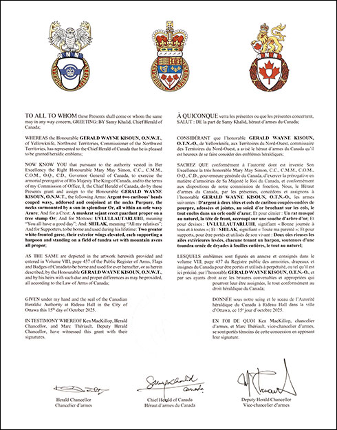 Letters patent granting heraldic emblems to Gerald Wayne Kisoun