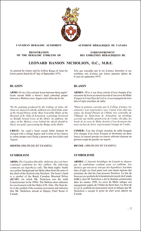 Letters patent registering the heraldic emblems of Leonard Hanson Nicholson
