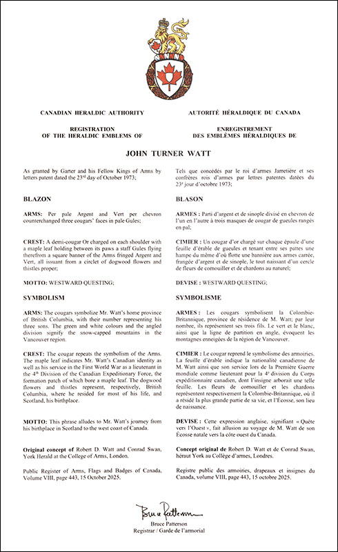 Letters patent registering the heraldic emblems of John Turner Watt