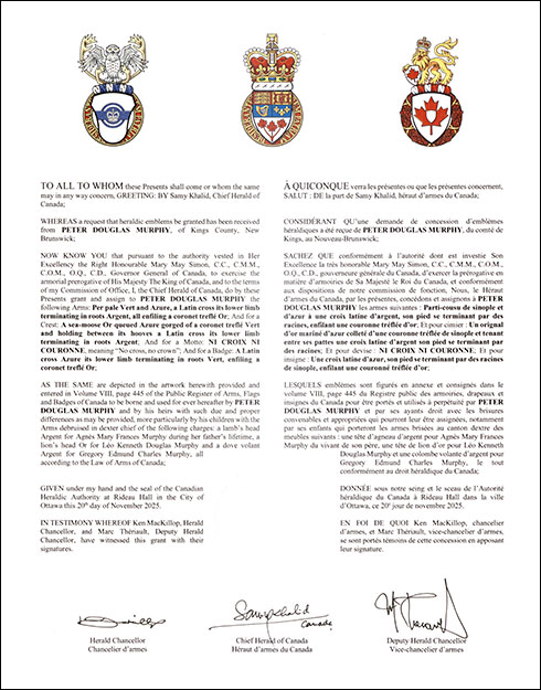 Letters patent granting heraldic emblems to Peter Douglas Murphy