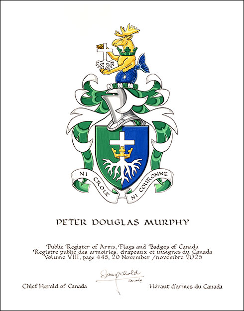 Letters patent granting heraldic emblems to Peter Douglas Murphy