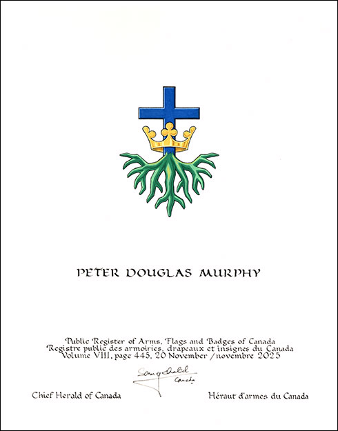 Letters patent granting heraldic emblems to Peter Douglas Murphy