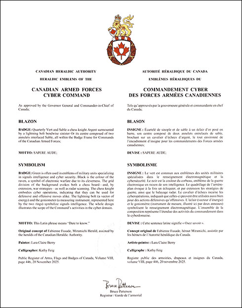 Letters patent approving the Badge of the Canadian Armed Forces Cyber Command