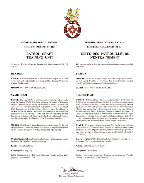 Letters patent approving the Badge of the Patrol Craft Training Unit