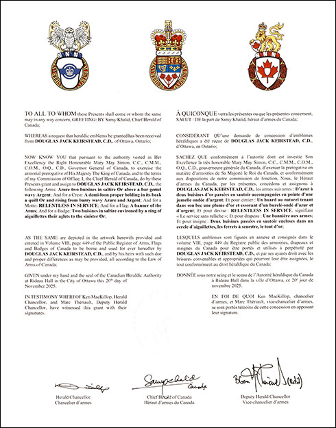 Letters patent granting heraldic emblems to Douglas Jack Keirstead