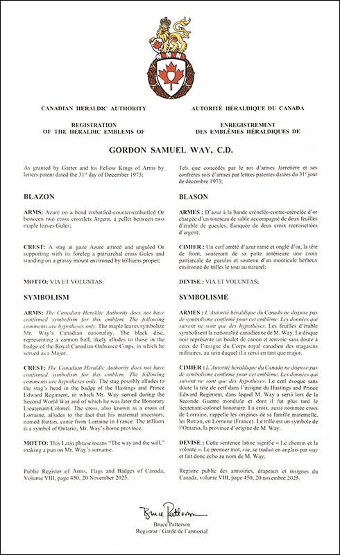 Letters patent registering the heraldic emblems of Gordon Samuel Way