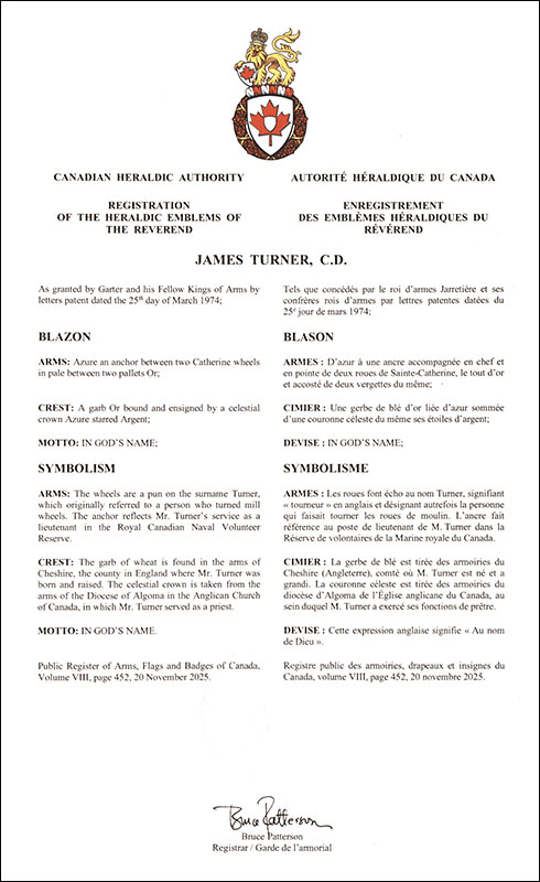 Letters patent registering the heraldic emblems of James Turner