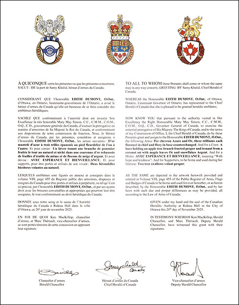 Letters patent granting heraldic emblems to Edith Dumont