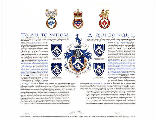 Letters patent granting heraldic emblems to Faye Thomson
