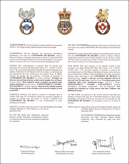 Letters patent granting heraldic emblems to the Université de Hearst