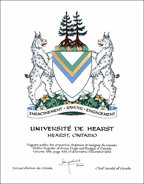 Letters patent granting heraldic emblems to the Université de Hearst
