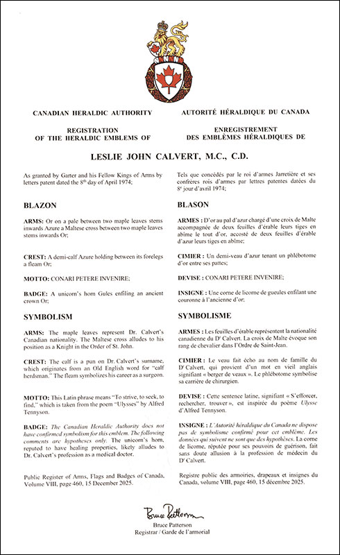 Letters patent registering the heraldic emblems of Leslie John Calvert
