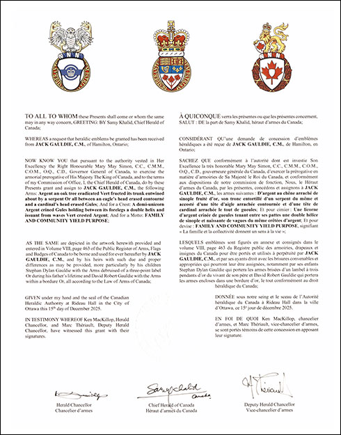 Letters patent granting heraldic emblems to Jack Gauldie