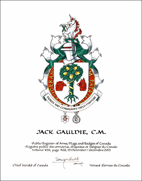 Letters patent granting heraldic emblems to Jack Gauldie