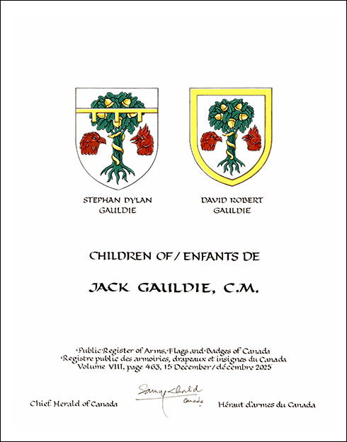 Letters patent granting heraldic emblems to Jack Gauldie