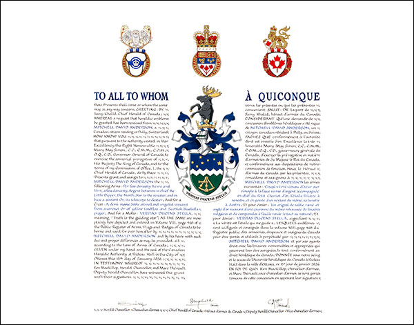 Letters patent granting heraldic emblems to Mitchell David Anderson