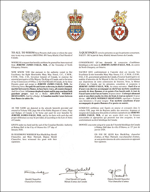 Letters patent granting heraldic emblems to Jeremy James Falle