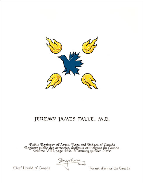 Letters patent granting heraldic emblems to Jeremy James Falle