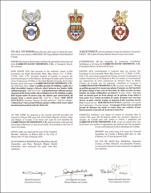 Letters patent granting heraldic emblems to Garreth David Thompson