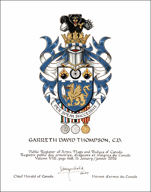 Letters patent granting heraldic emblems to Garreth David Thompson