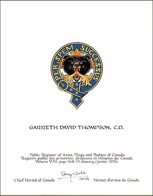 Letters patent granting heraldic emblems to Garreth David Thompson