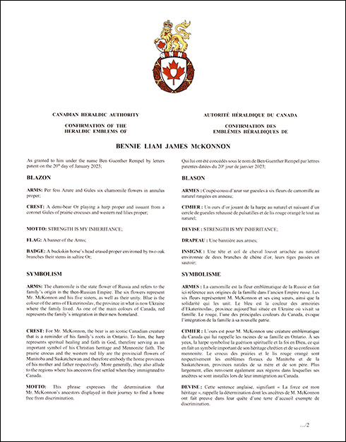 Letters patent confirming the heraldic emblems of Bennie Liam James McKonnon
