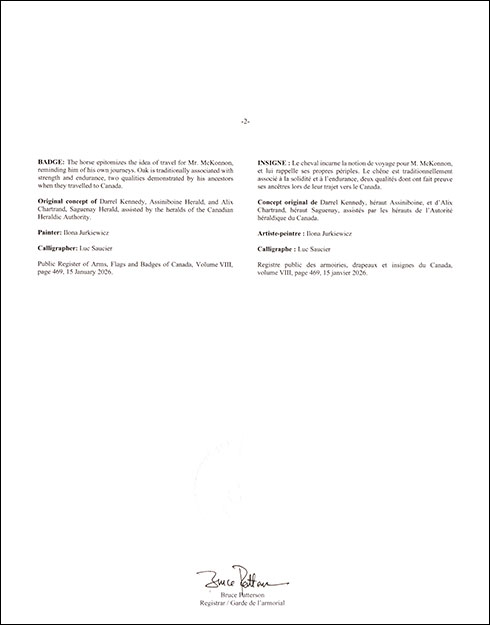 Letters patent confirming the heraldic emblems of Bennie Liam James McKonnon
