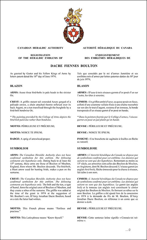 Letters patent registering the heraldic emblems of Dacre Fiennes Boulton
