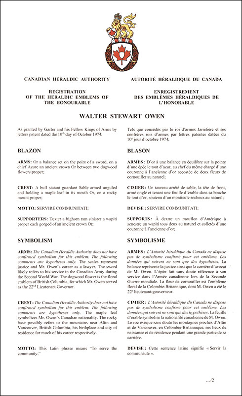 Letters patent registering the heraldic emblems of Walter Stewart Owen