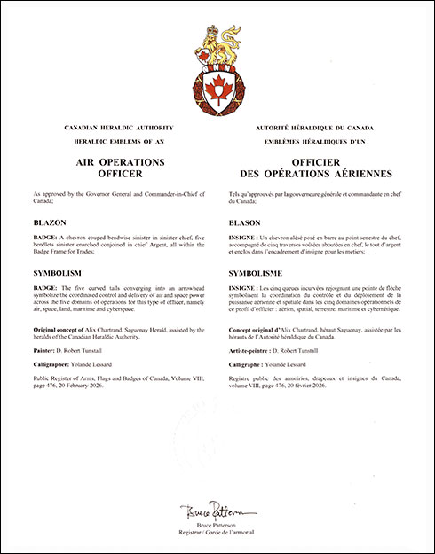 Letters patent approving the Badge of an Air Operations Officer of the Royal Canadian Air Force