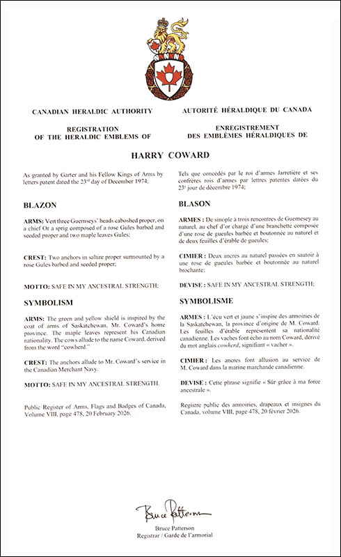 Letters patent registering the heraldic emblems of Harry Coward