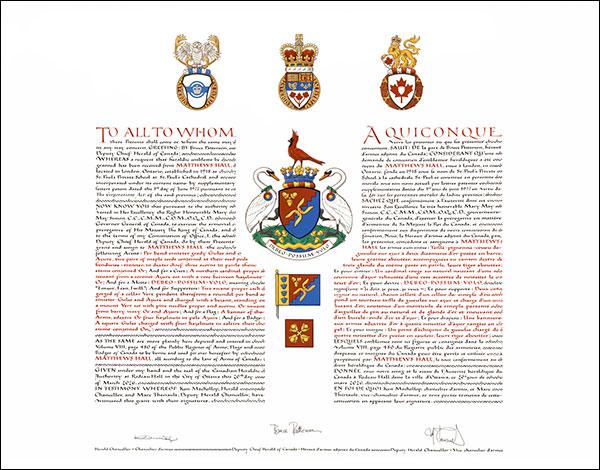 Letters patent granting heraldic emblems to Matthews Hall