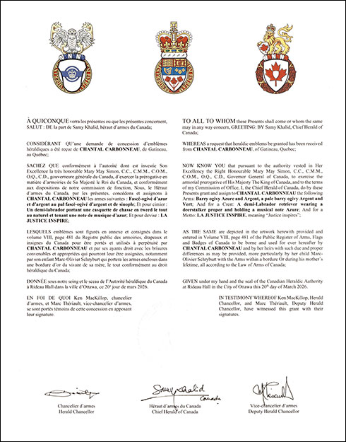 Letters patent granting heraldic emblems to Chantal Carbonneau