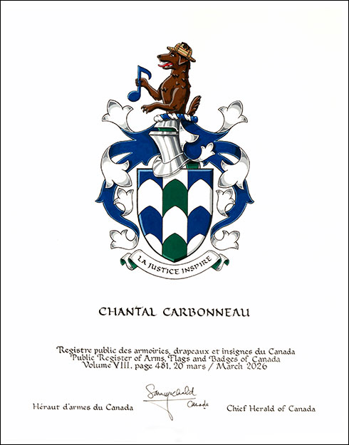 Letters patent granting heraldic emblems to Chantal Carbonneau