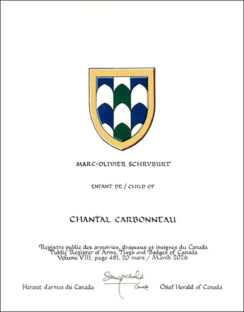 Letters patent granting heraldic emblems to Chantal Carbonneau