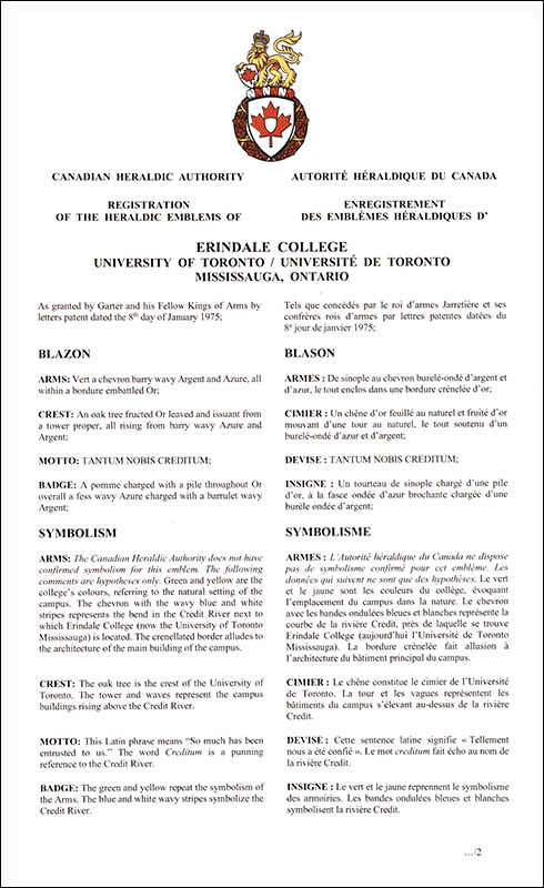 Letters patent registering the heraldic emblems of Erindale College