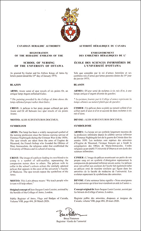 Letters patent registering the heraldic emblems of the School of Nursing of the University of Ottawa