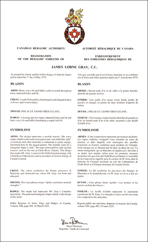 Letters patent registering the heraldic emblems of James Lorne Gray