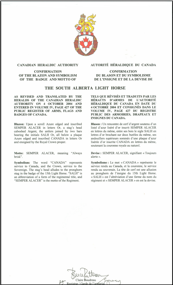 Lettres patentes confirmant le blasonnement de l'insigne de The South Alberta Light Horse