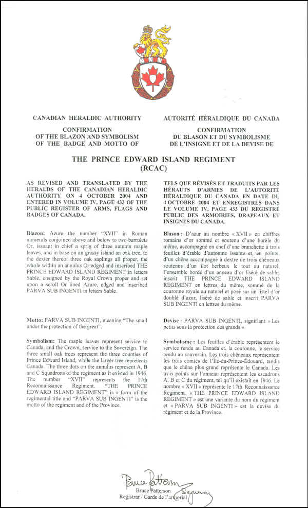 Lettres patentes confirmant le blasonnement de l'insigne de The Prince Edward Island Regiment (RCAC)